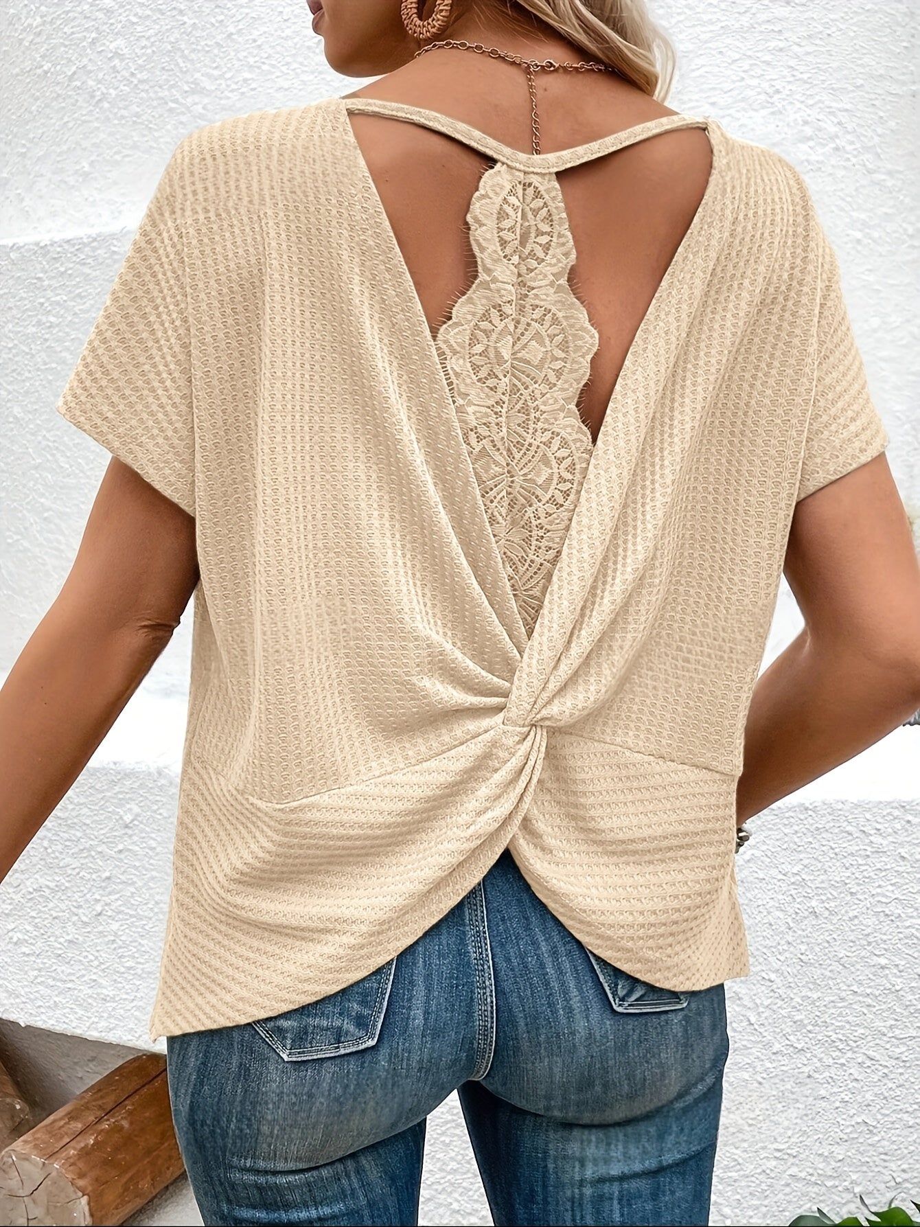 Sylphae | Damesblouse met kanten patchwork en korte mouwen