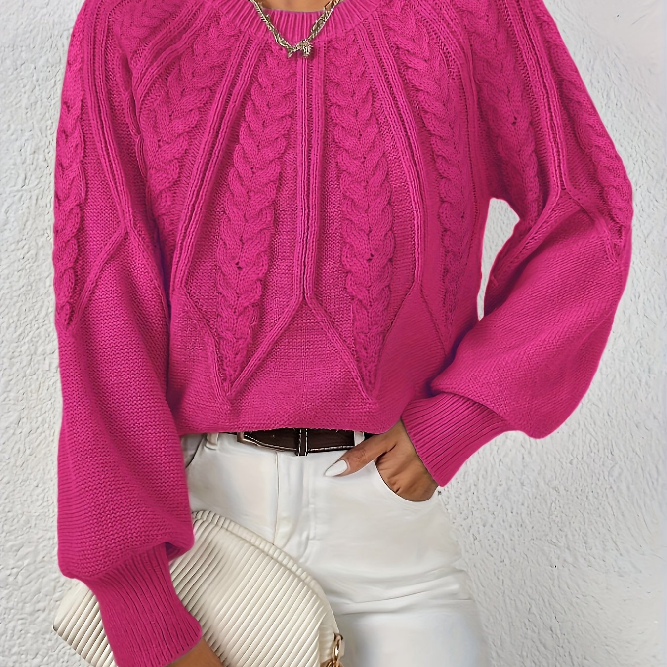 Kalyth | Damen-Zopfstrickpullover mit Laternenärmeln – Elegantes Strickoberteil für Herbst und Winter