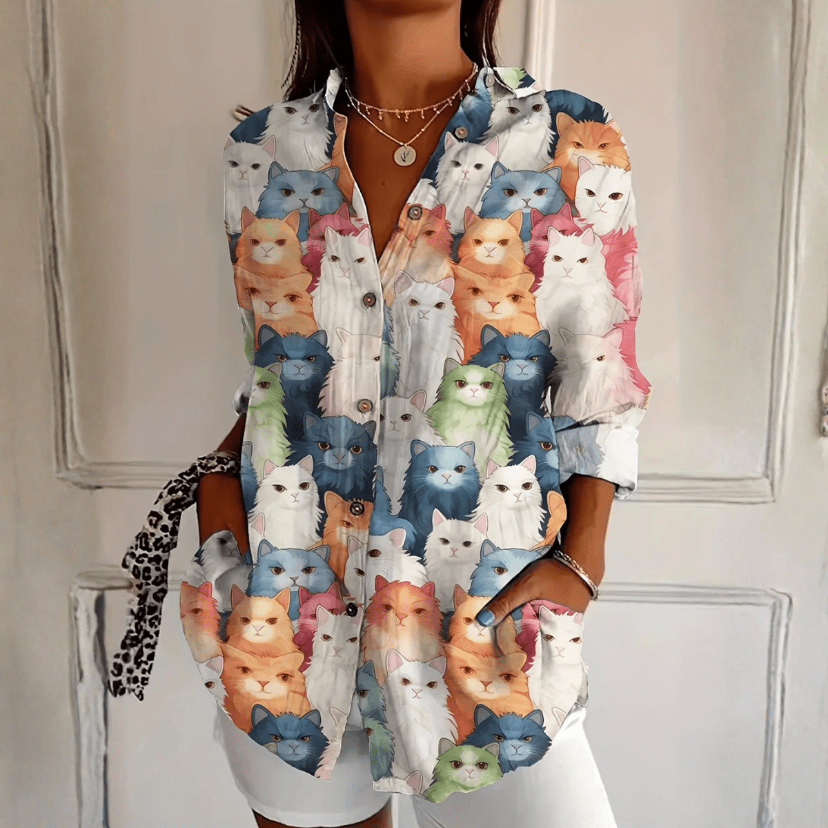 Uvielle | Dames Speelse Blouse met Kattenprint – Lichtgewicht Katoen-Linnen