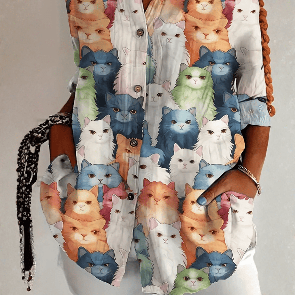Uvielle | Dames Speelse Blouse met Kattenprint – Lichtgewicht Katoen-Linnen
