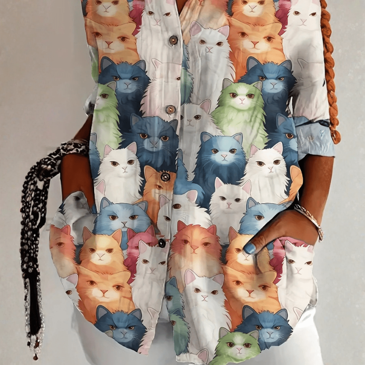 Uvielle | Dames Speelse Blouse met Kattenprint – Lichtgewicht Katoen-Linnen