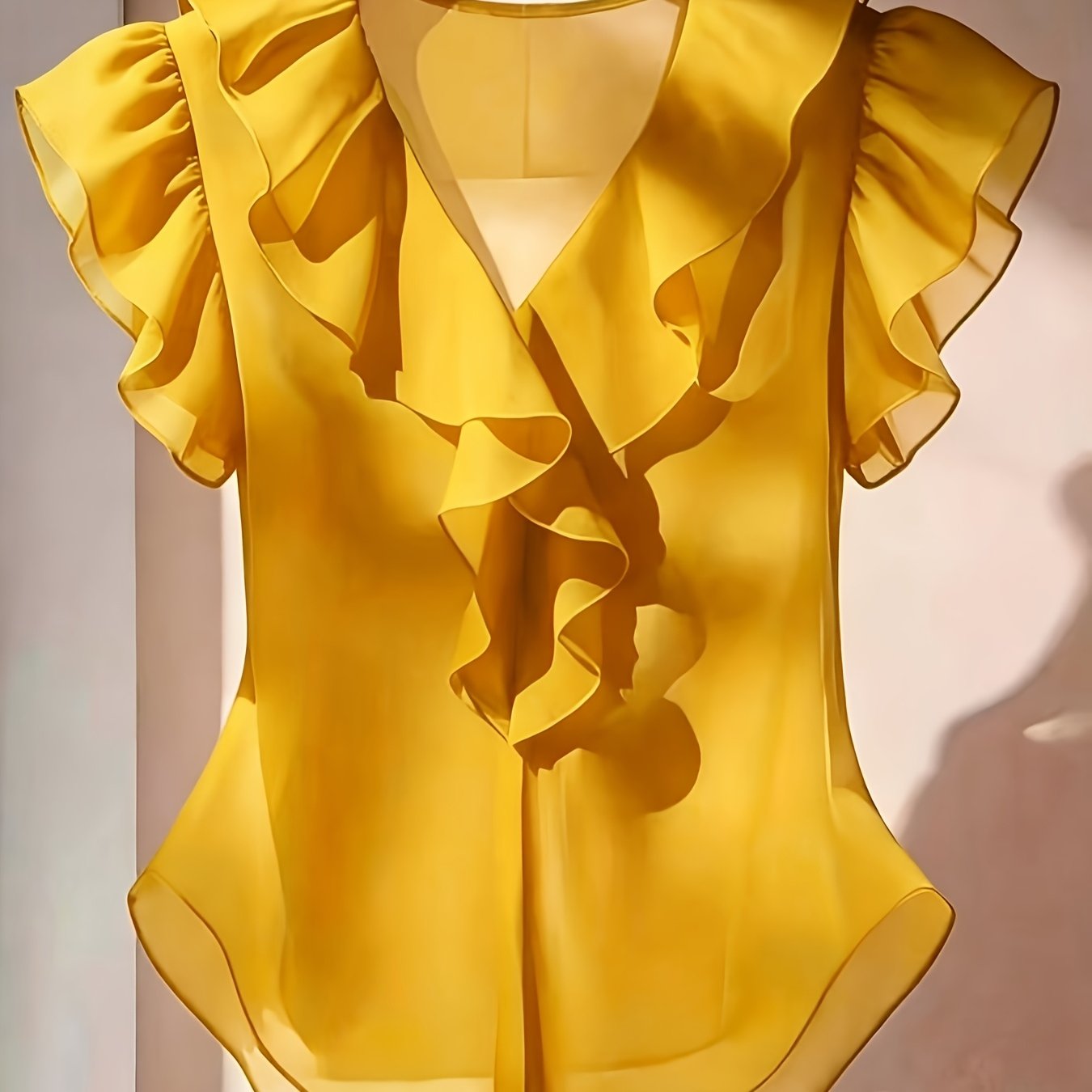 Vaenyra | Damesblouse in Franse stijl van chiffon – effen kleur met ruches en korte mouwen