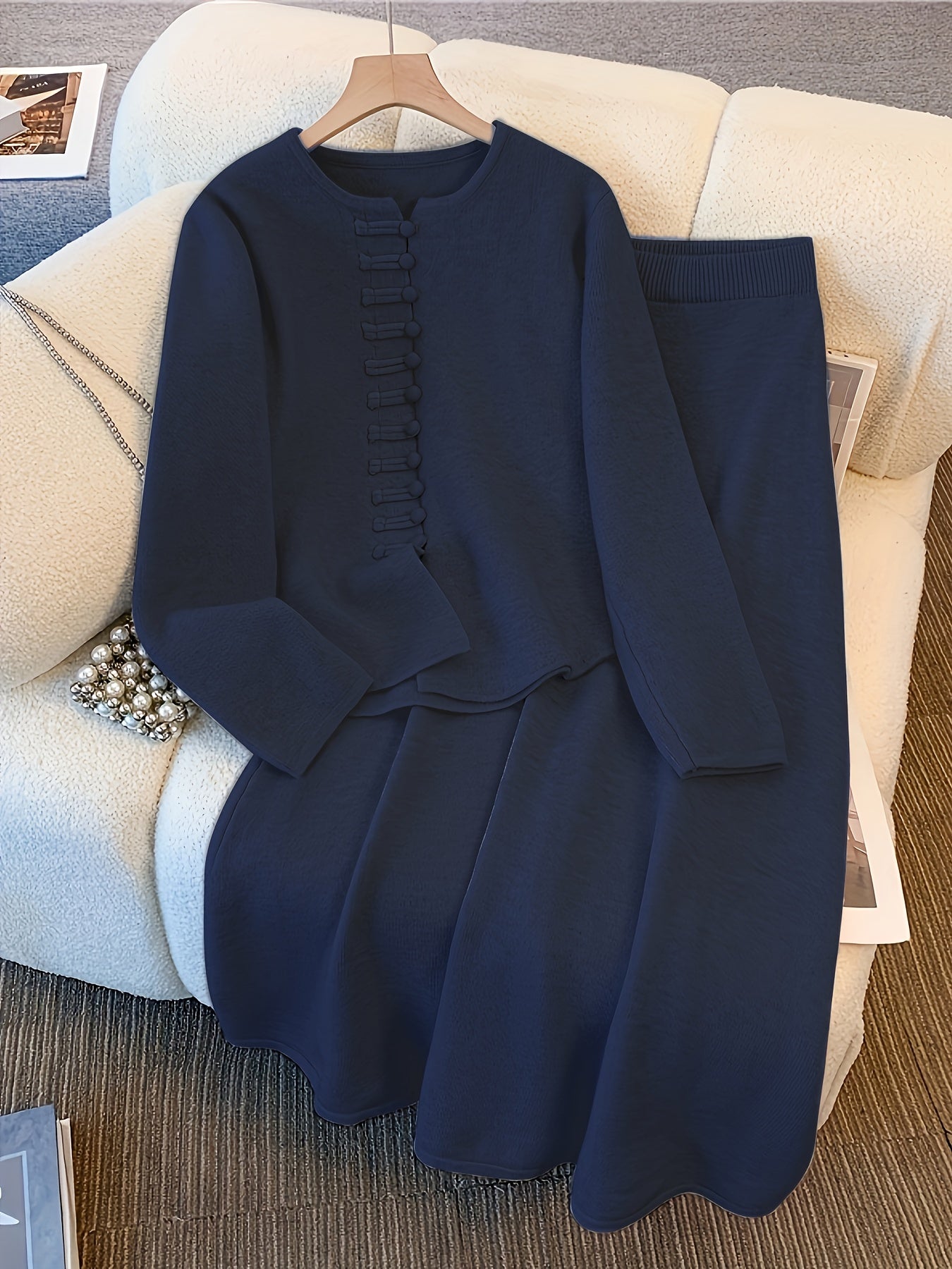 Sylindra | Dames herfst-winter tweedelige set – losse vest-trui en halflange rok met elastische tailleband