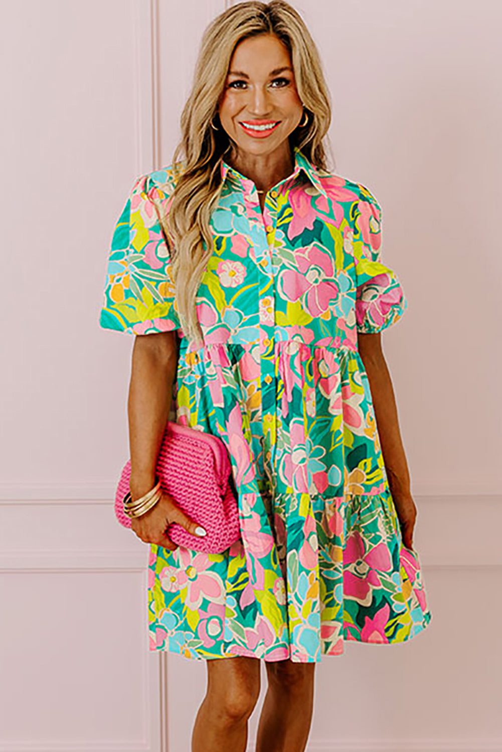 Melantha | Groene bloemenprint babydoll jurk met pofmouwen en kraag – Lichtgewicht zomerjurk
