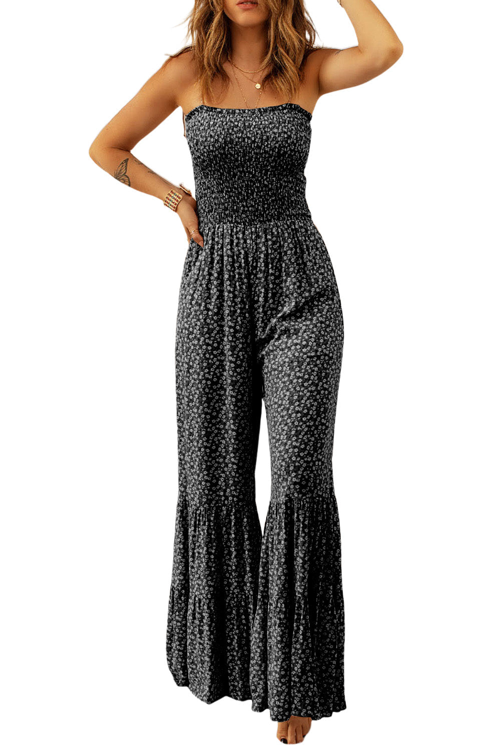 Tahlia | Bloemenjumpsuit voor dames, gesmokt lijfje, spaghettibandjes, wijde pijpen, zomerse casual outfit