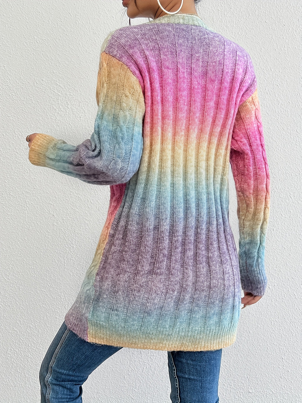 Alyssia | Ombre vest voor dames – pastelroze naar blauw/paars, lang model met open voorkant
