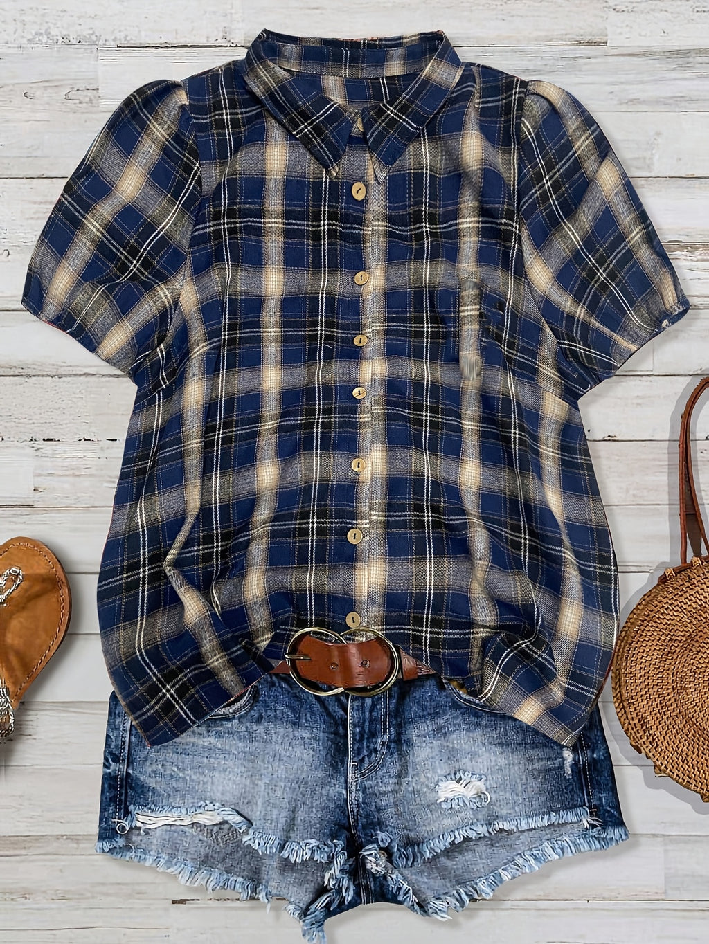 Saryne | Damesblouse met geruite print en pofmouwen