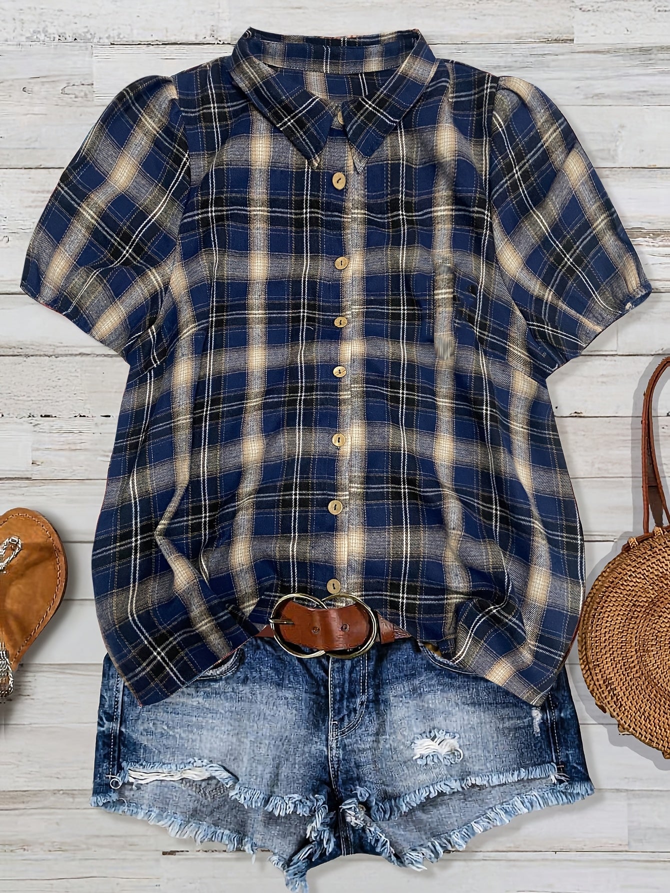 Saryne | Damesblouse met geruite print en pofmouwen