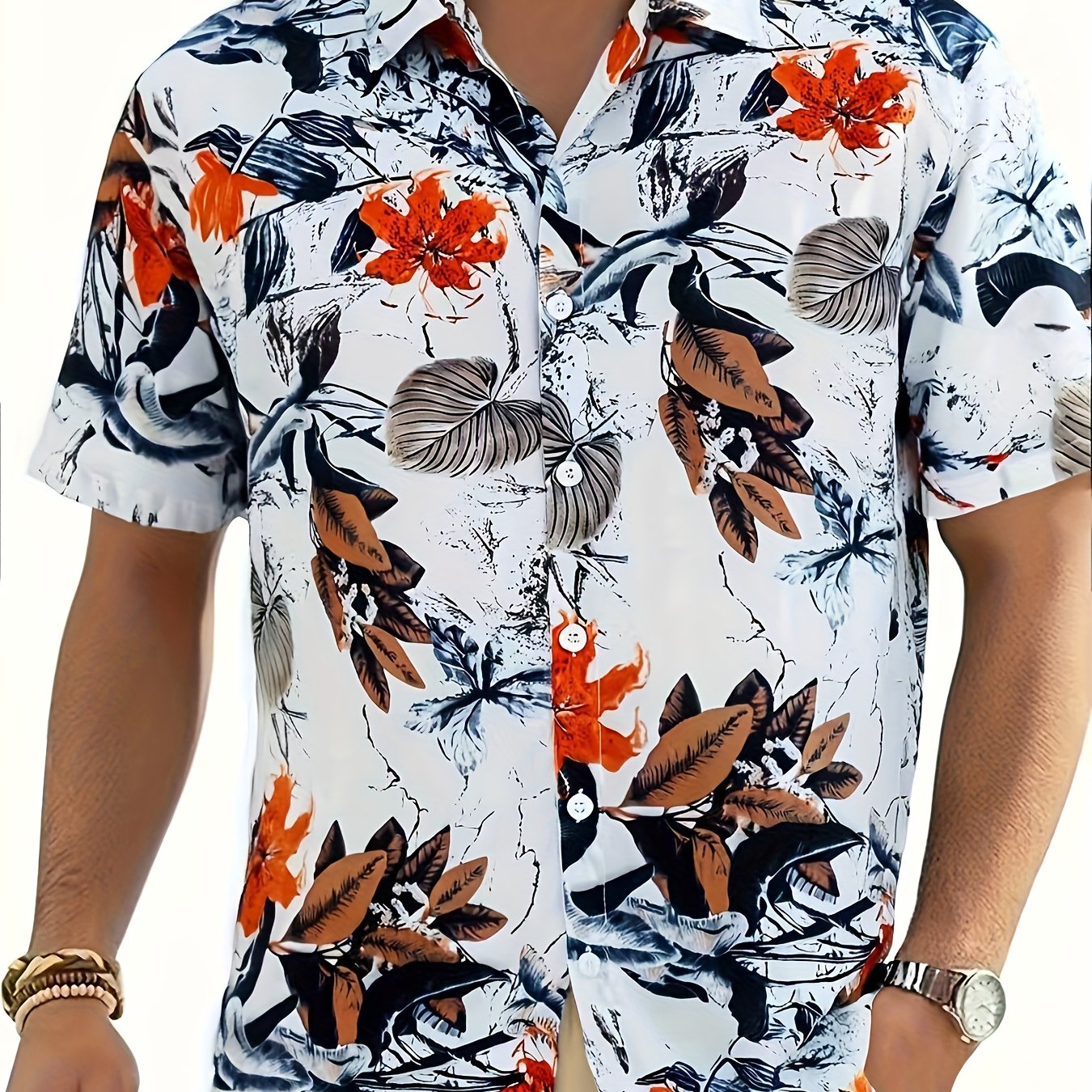 Geno | Heren bladprint overhemd – korte mouwen vakantie shirt