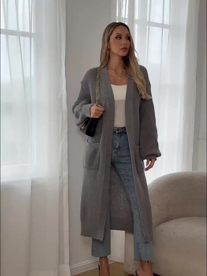 Myvessa | Langer Strickcardigan für Damen – offener, Oversize-Schnitt, lässiger Pullover für Herbst und Winter