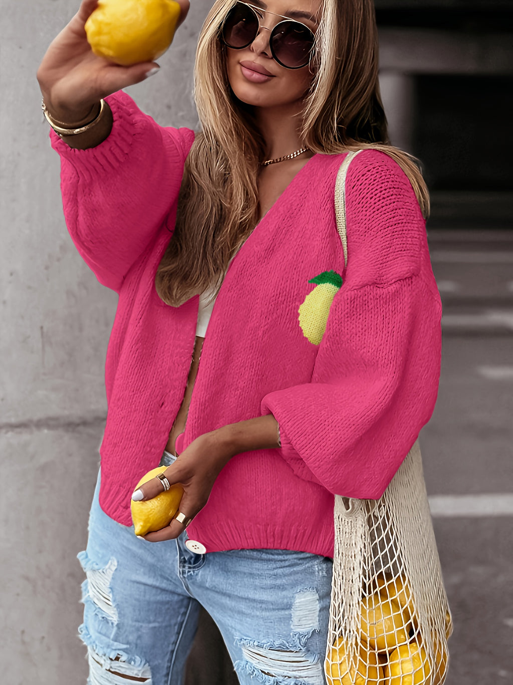 Ivessia | Gilet femme imprimé citron et col V – Pull automne-hiver élégant et décontracté, vêtement en maille