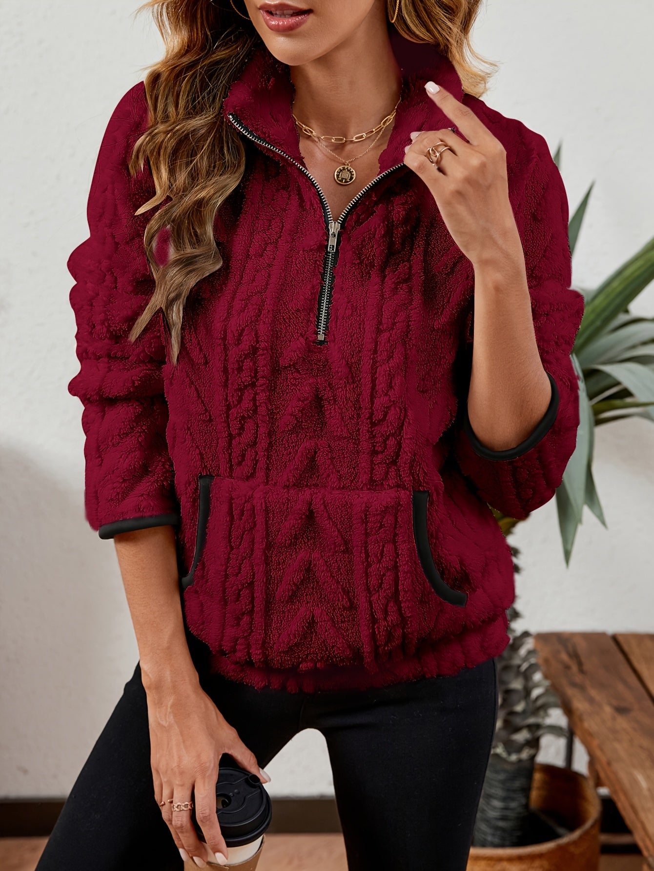 Iduna | Damestrui met halve rits – Comfortabel fleecesweatshirt met grote zakken, casual trui