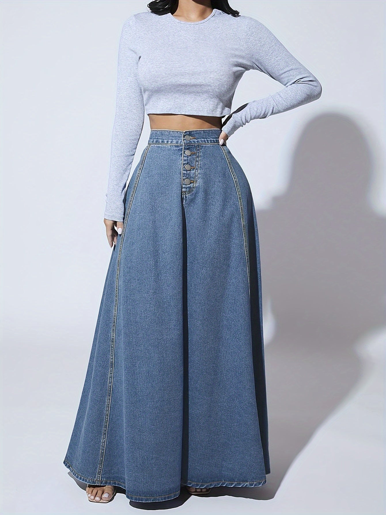Melina | Hoog uitlopende enkelvoudige geruite maxi flare denim rok