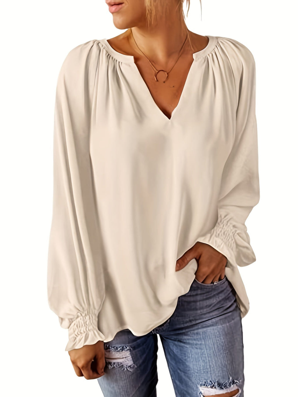 Celyra | Soepel v-halsblouse voor dames - Lantaarnmouwen, stijlvolle top voor elke dag