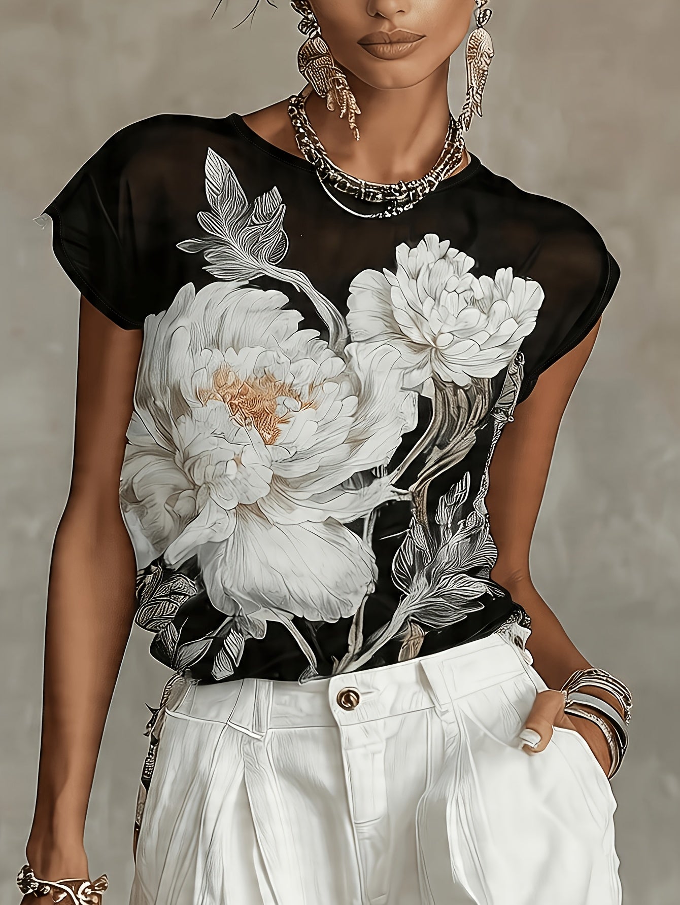 Azelisse | Blauwe chiffonblouse met bloemenprint voor dames – doorschijnende casual zomertop met lange mouwen
