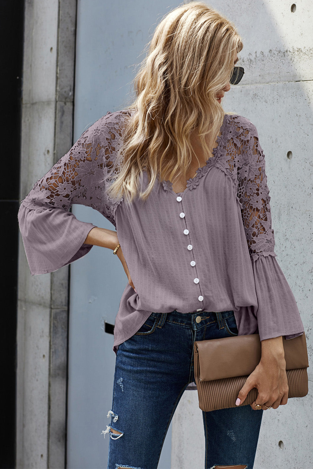 Quenlira | Paars Gehaakte Blouse met Kant – Button-Up, Chic Zomertop