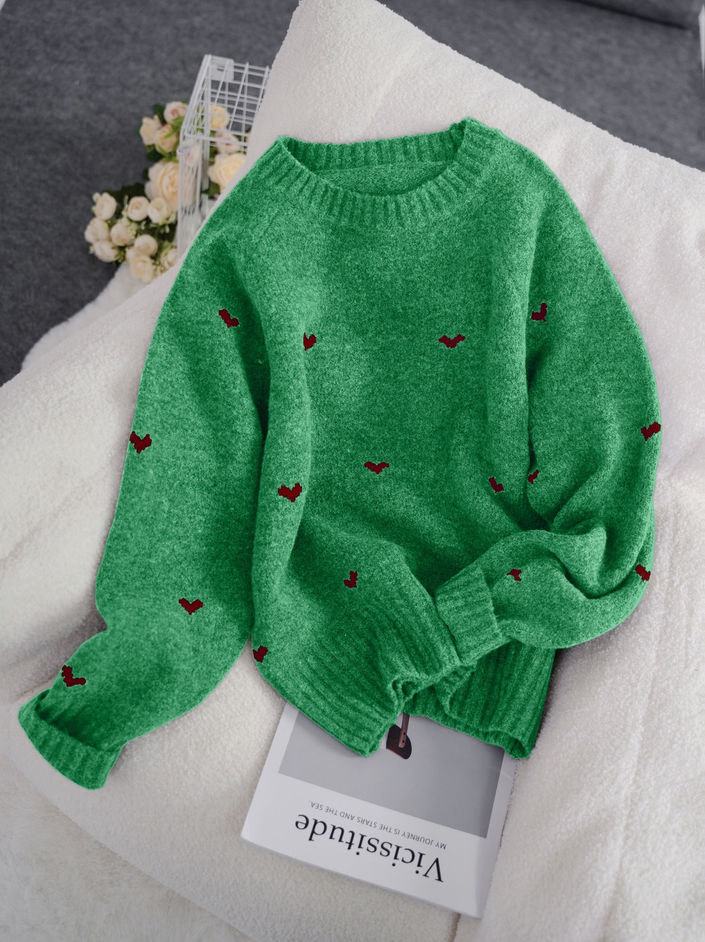 Solenne | Dames trui met hartjespatroon – Minimalistische gebreide pullover, ronde hals, losse pasvorm