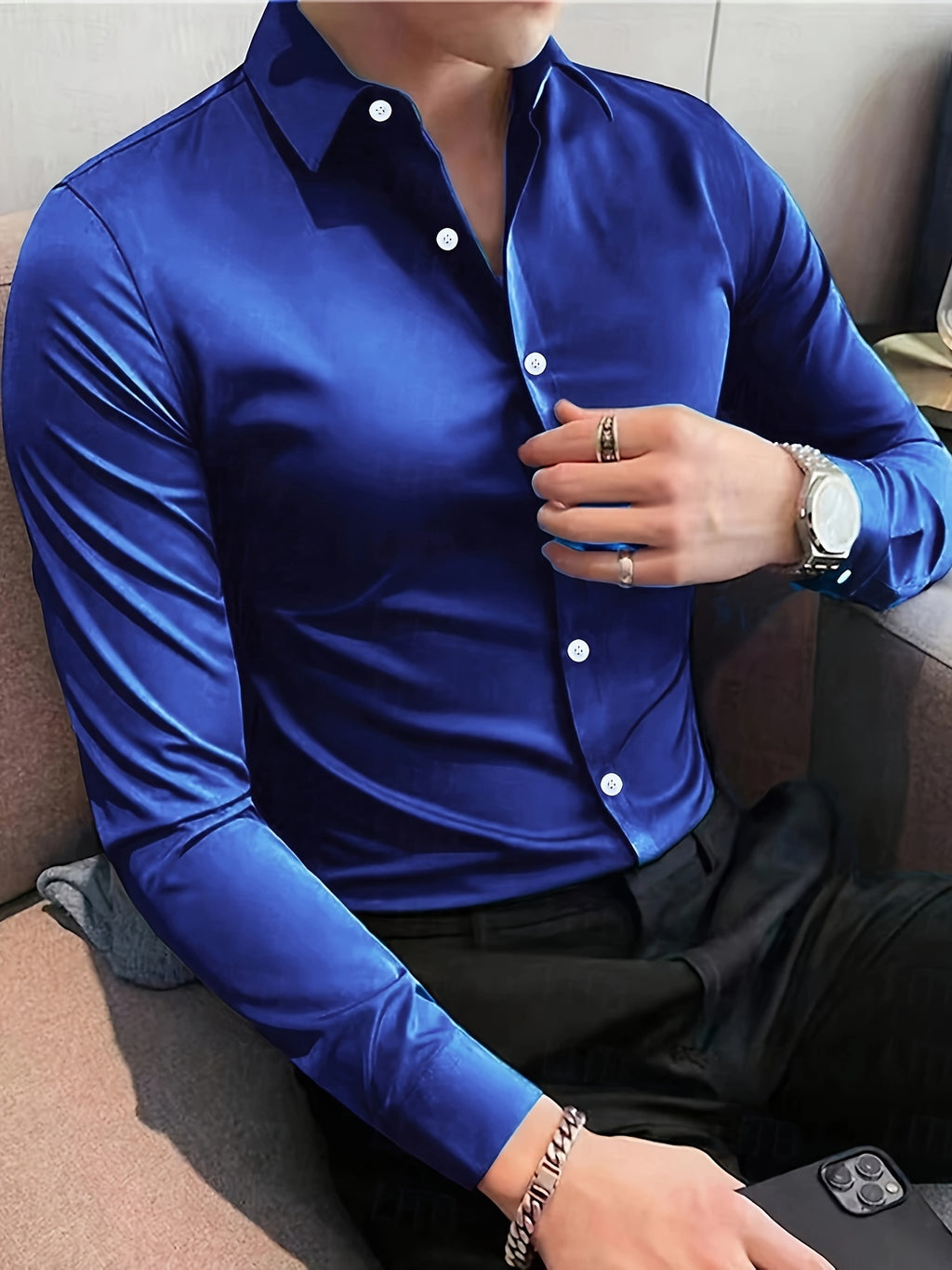 Sébastien | Chemise décontractée en satin à manches longues pour homme - Col élégant pour occasions formelles et décontractées