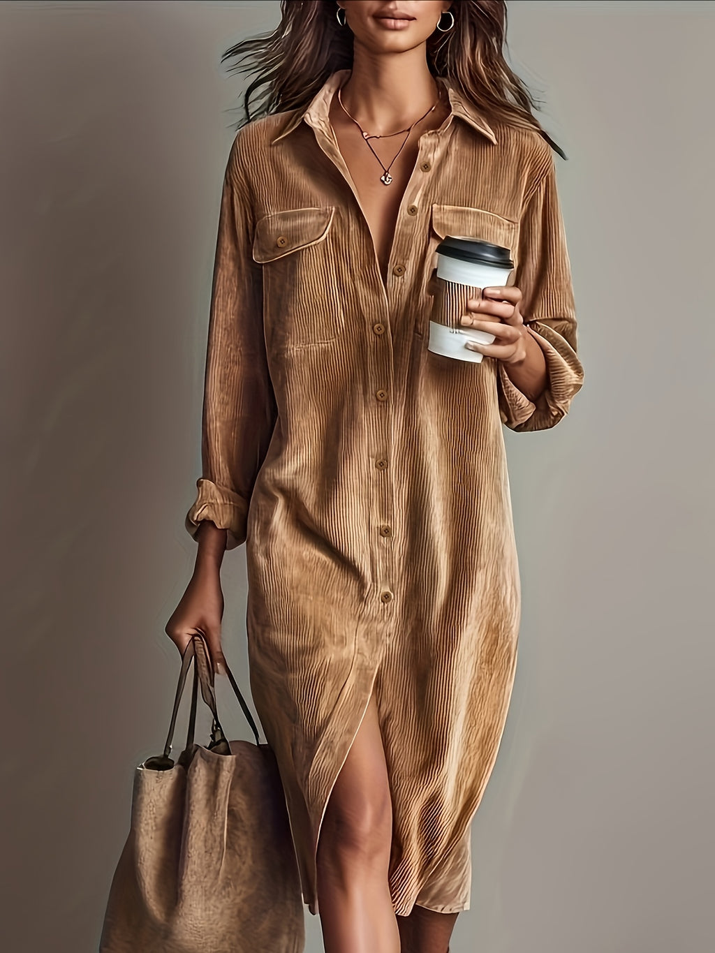 Vinaya | Elegante corduroy shirtjurk voor dames met zakken, casual werkkledingstijl