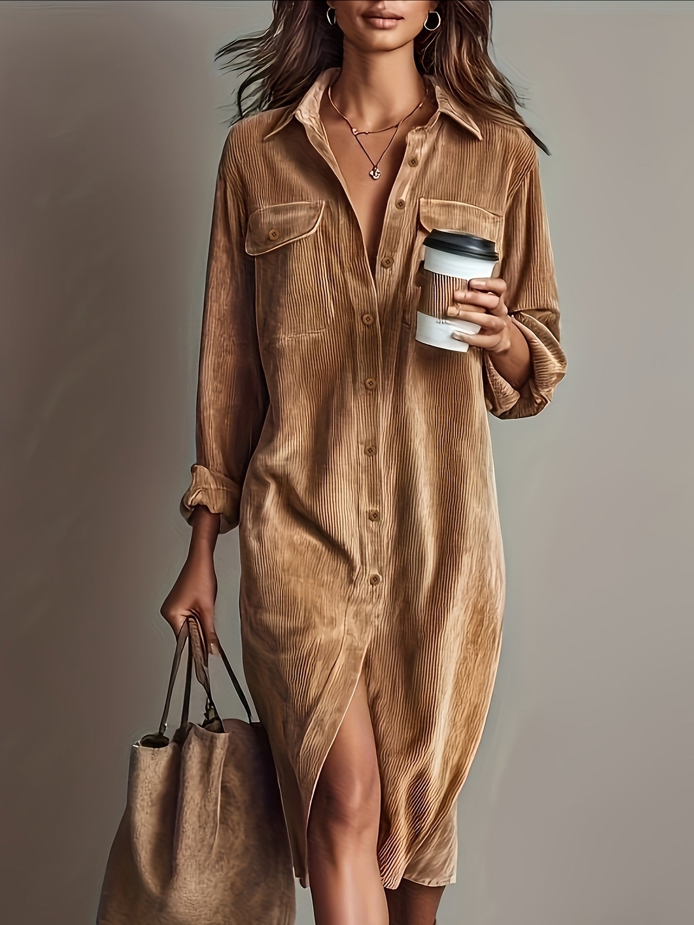 Vinaya | Elegante corduroy shirtjurk voor dames met zakken, casual werkkledingstijl