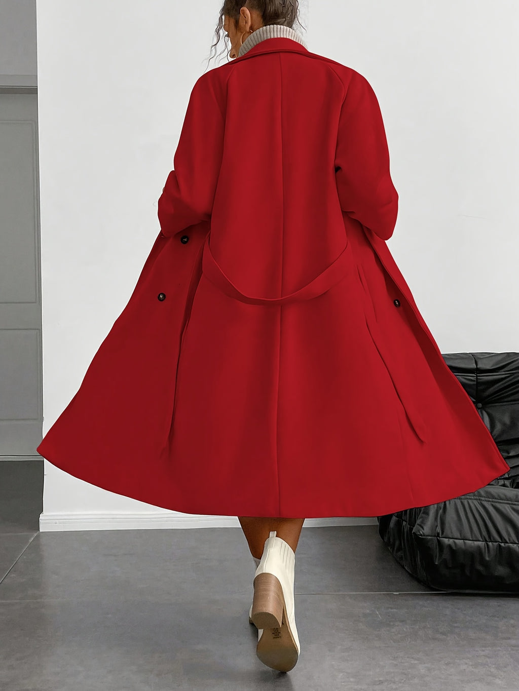 Anikael | Dubbele rij knopen lange jas met riem, tweed, reverskraag, gewatteerde voering