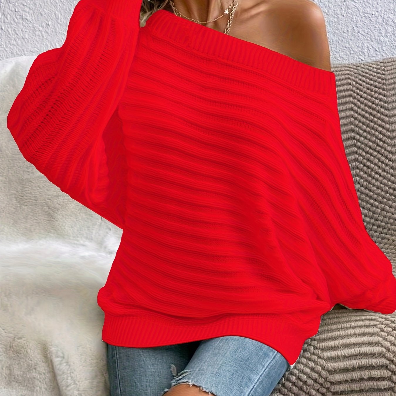 Arivana | Off-Shoulder pullover trui – Comfortabel gebreid, lange mouwen, casual relaxte pasvorm