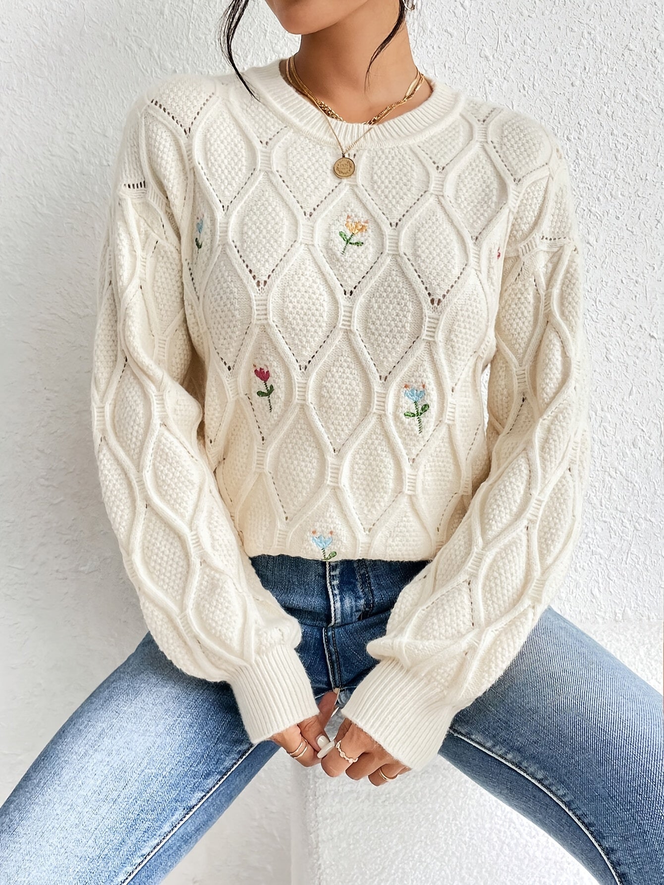 Unyssa | Pull brodé à fleurs pour femme – Haut élégant en maille