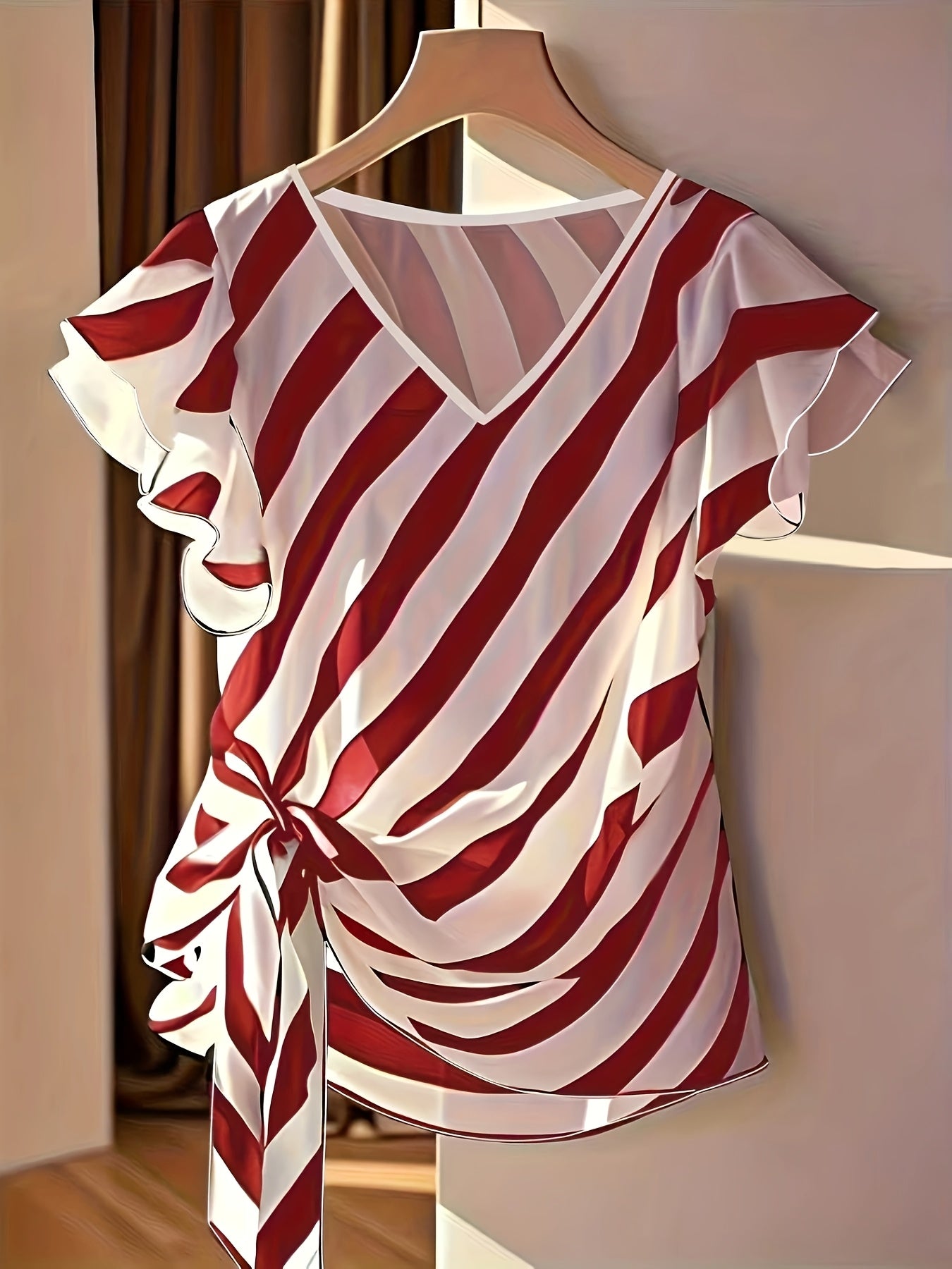 Kelyn | Casual zomertop voor dames – Gestreepte blouse met V-hals en strik in de taille