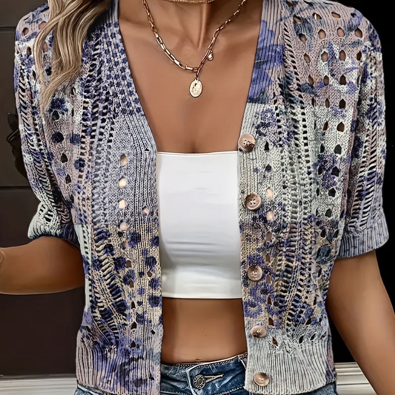 Cyravelle | Bohemian gehaakte korte cardigan – zomerse kortmouwen vest als lichte outerwear