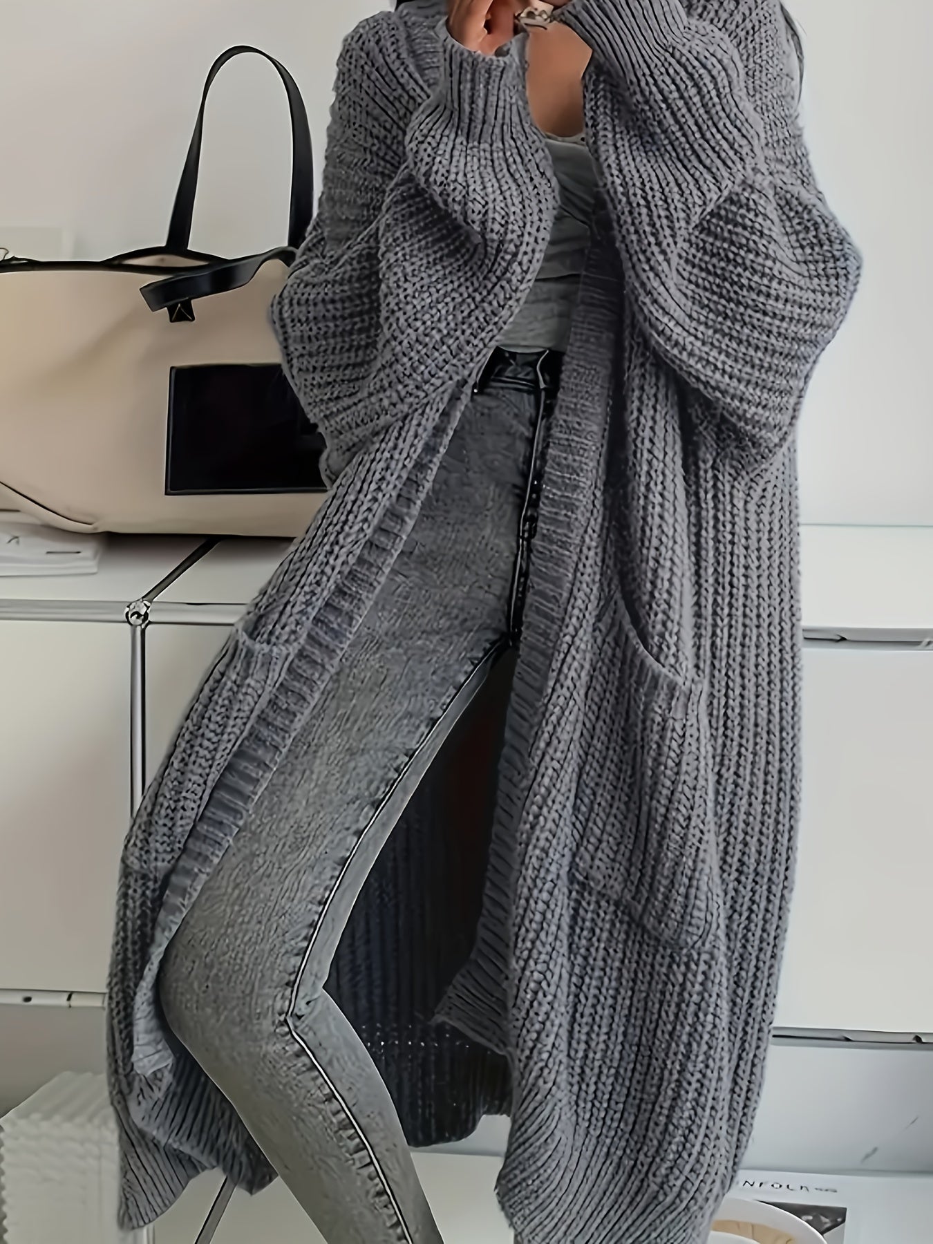 Myvessa | Langer Strickcardigan für Damen – offener, Oversize-Schnitt, lässiger Pullover für Herbst und Winter