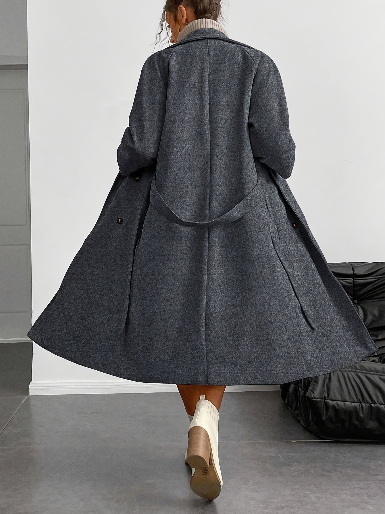 Anikael | Dubbele rij knopen lange jas met riem, tweed, reverskraag, gewatteerde voering