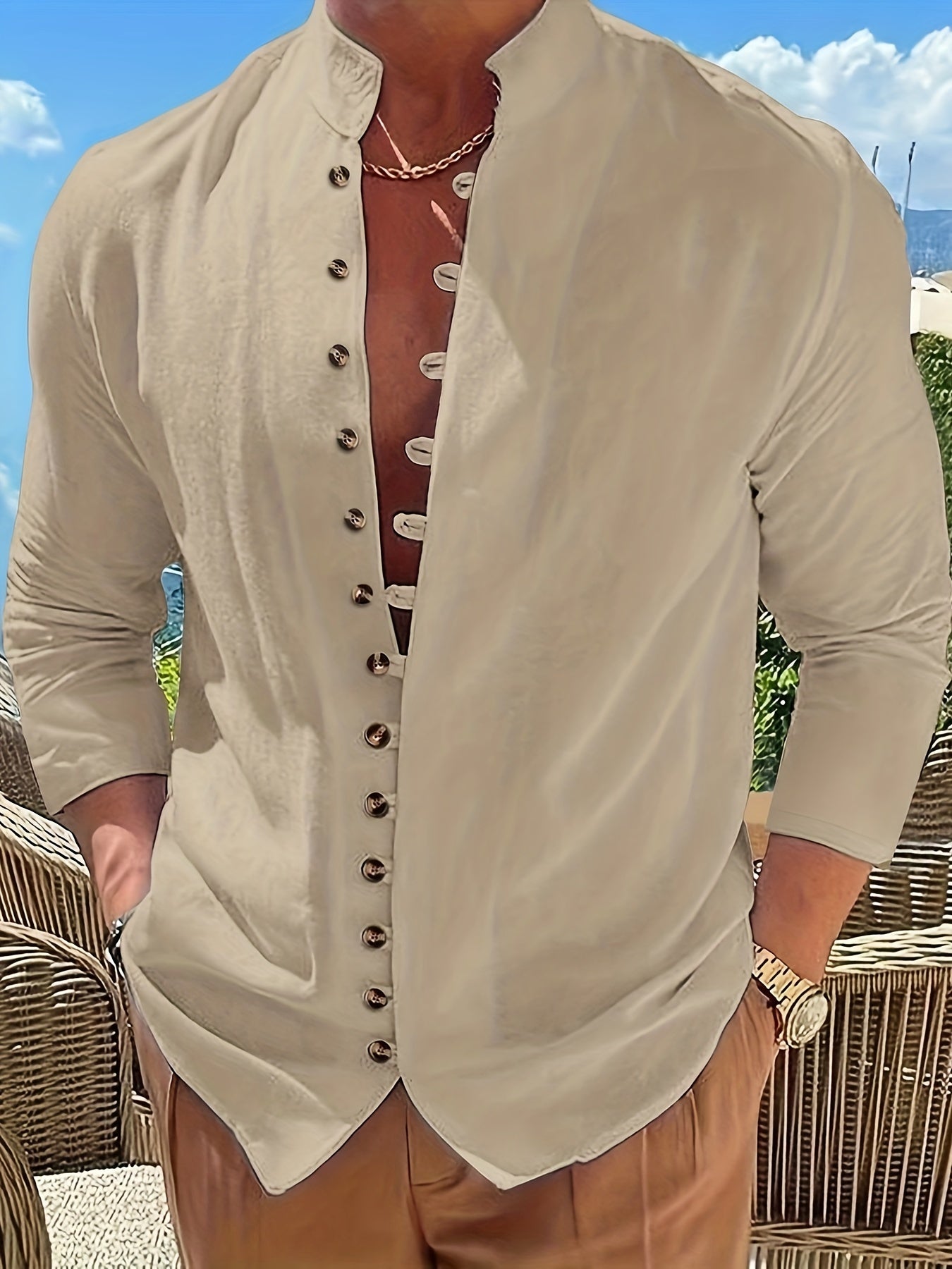 Philly | Heren Vintage Katoenen Linnen Casual Overhemd - Lange Mouw, Staande Kraag, Knoopdetail, Los model