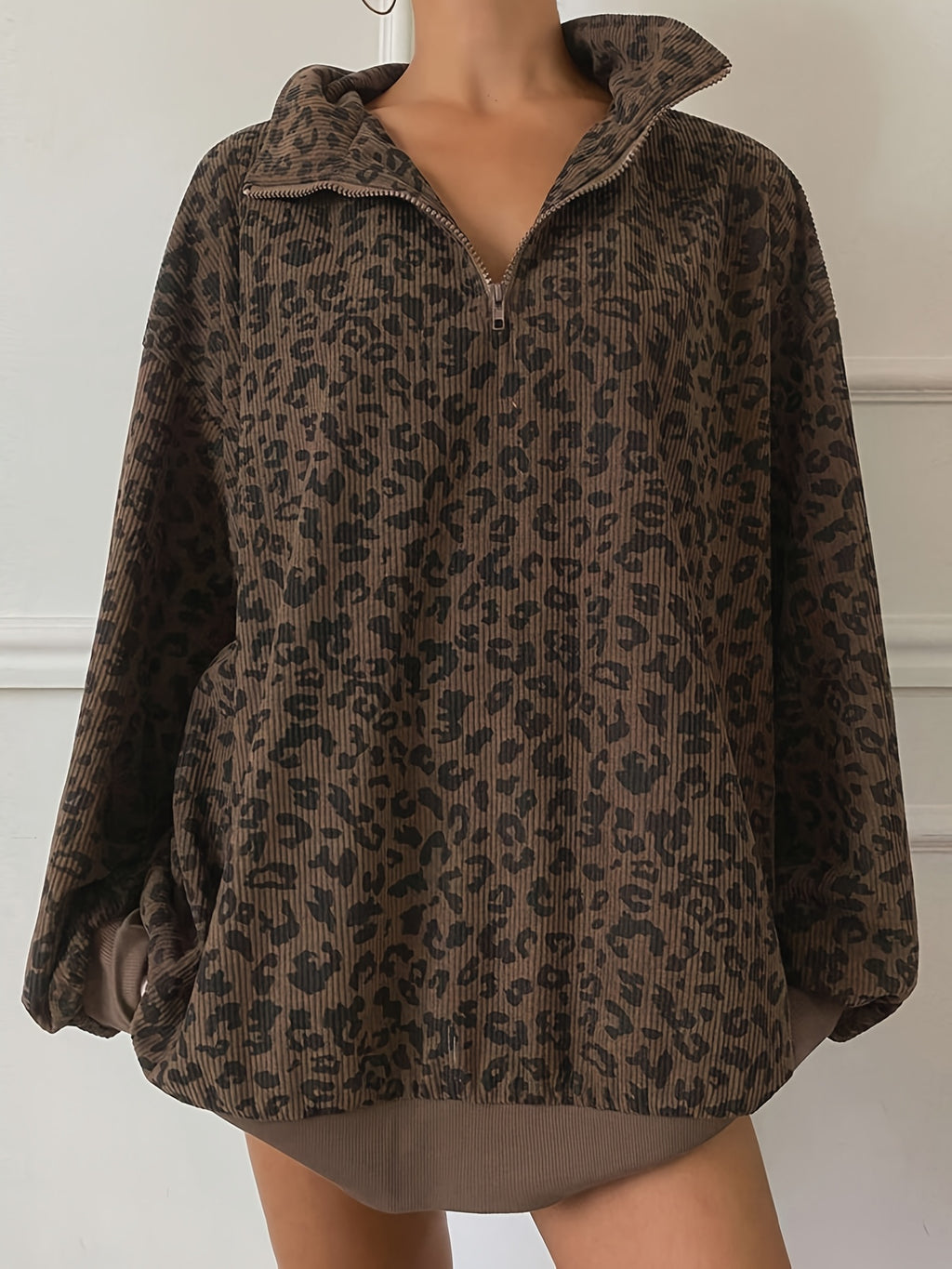 Oriella | Dames Sweatshirt met Luipaardprint en Halve Rits – Losvallende Pasvorm