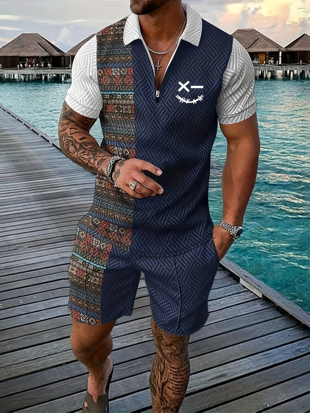 Xylaric | Casual tweedelige set voor heren – T-shirt met reverskraag en korte broek met trekkoord