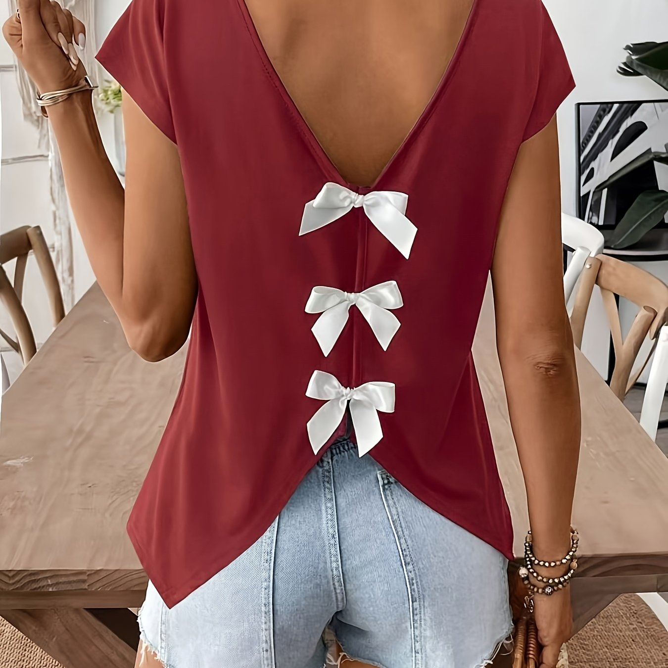 Risa | Casual T-shirt met strikdetail voor dames, korte mouwen, vakantie