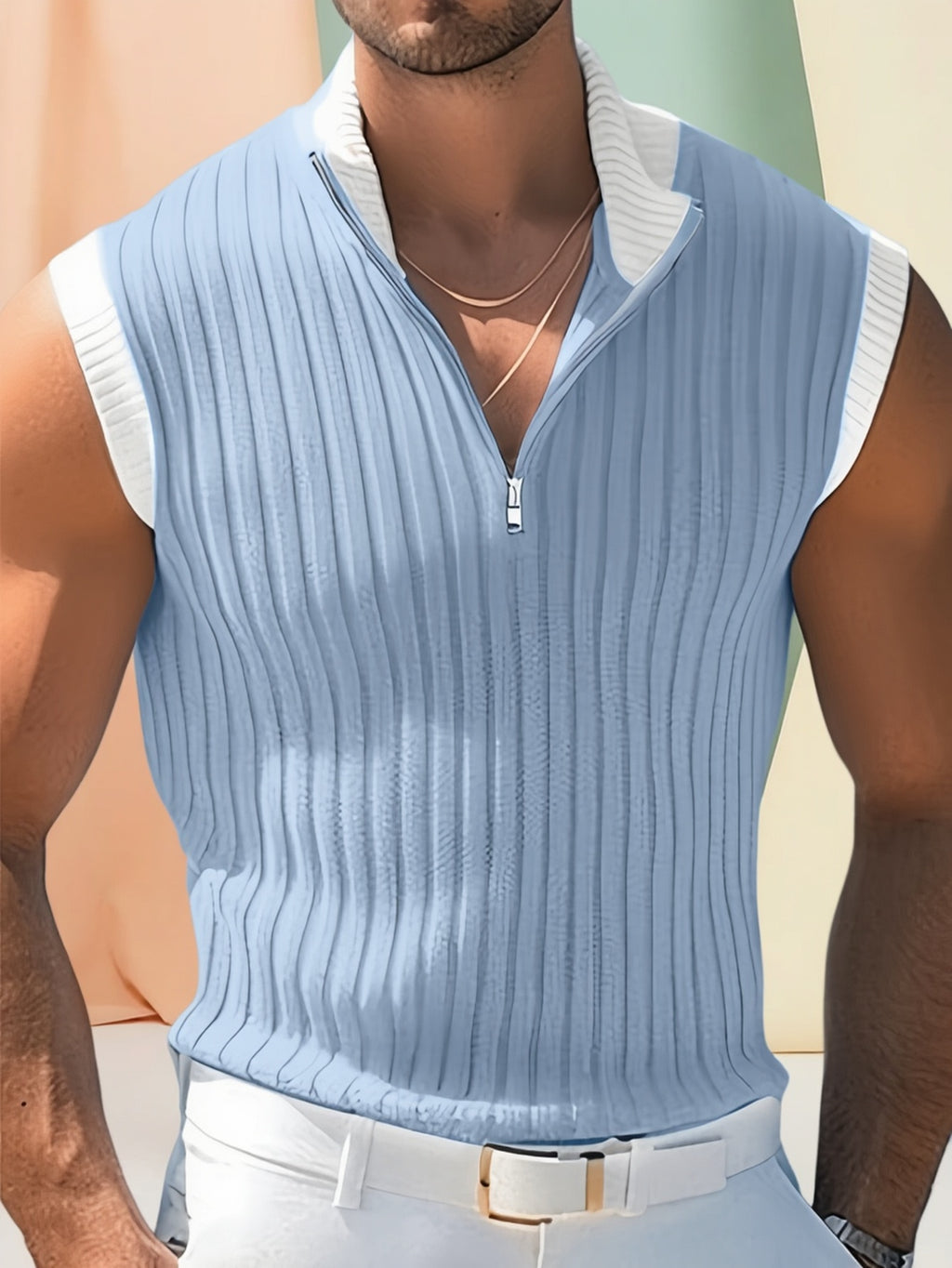 Zyrexon | Mouwloos gebreid vest voor heren – opstaande kraag met rits, slim fit gebreide tanktop