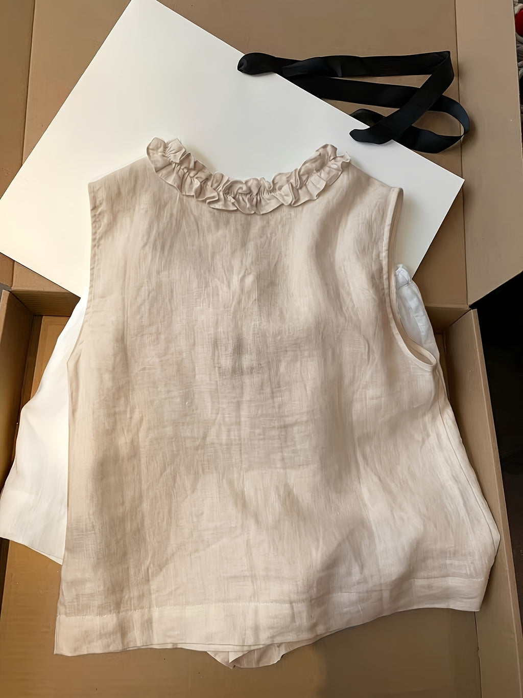 Jenia | Damesvest met geschulpte rand – Mouwloze zomerblouse met V-hals