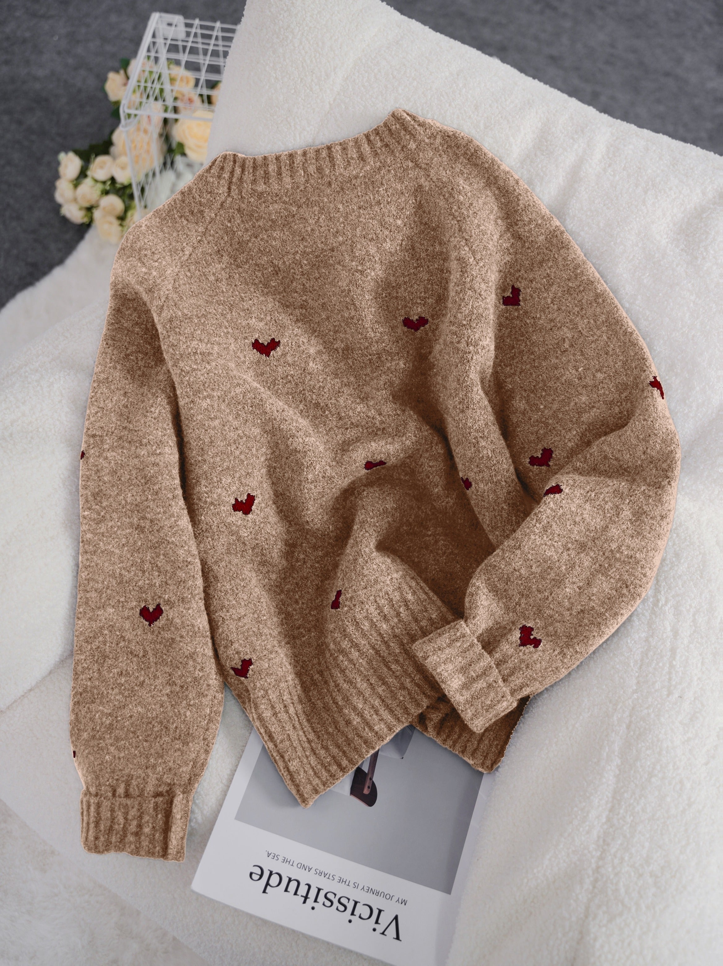 Solenne | Dames trui met hartjespatroon – Minimalistische gebreide pullover, ronde hals, losse pasvorm