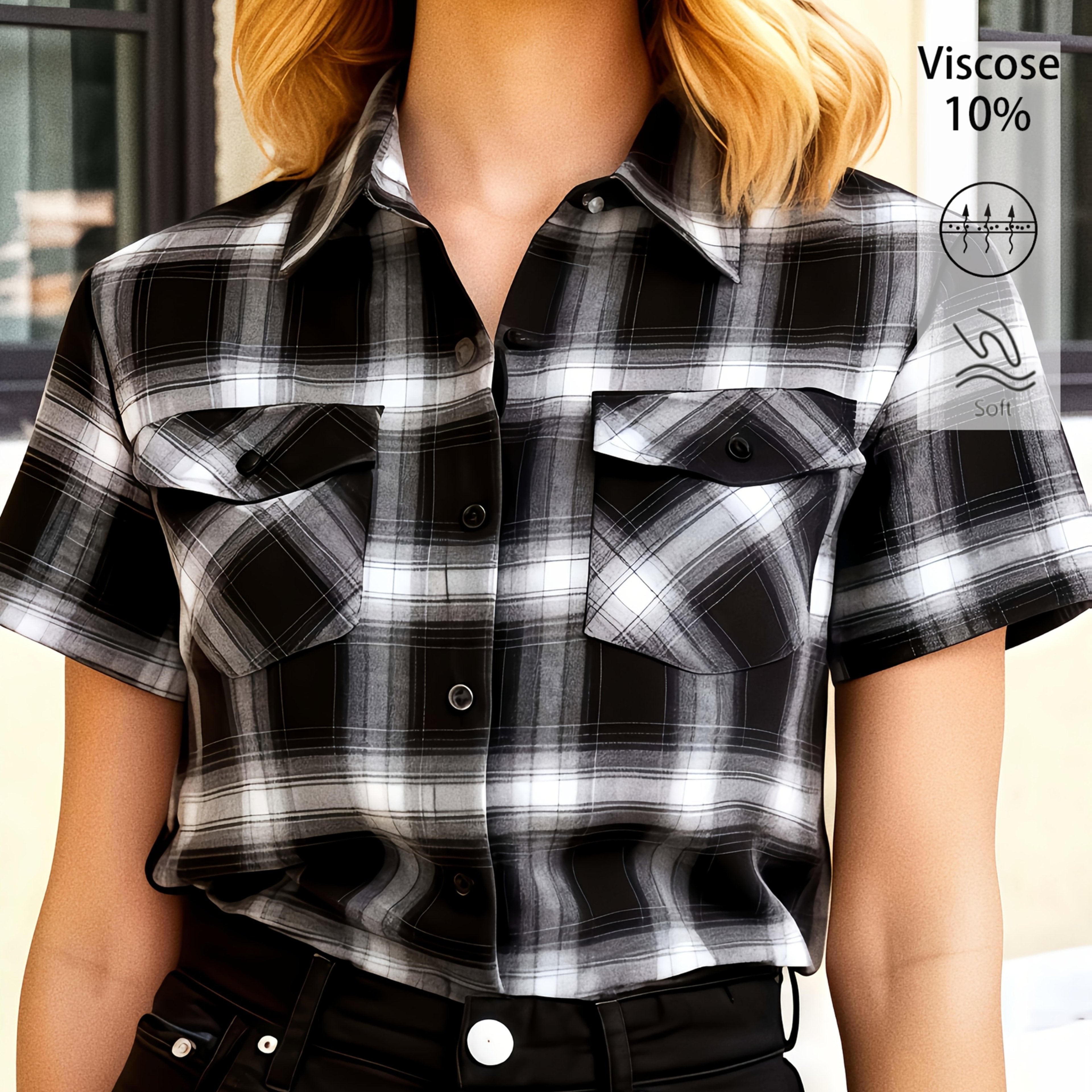 Juniper | Damesoverhemd met korte mouwen en ruitjespatroon – Casual blouse met knopen en twee zakken