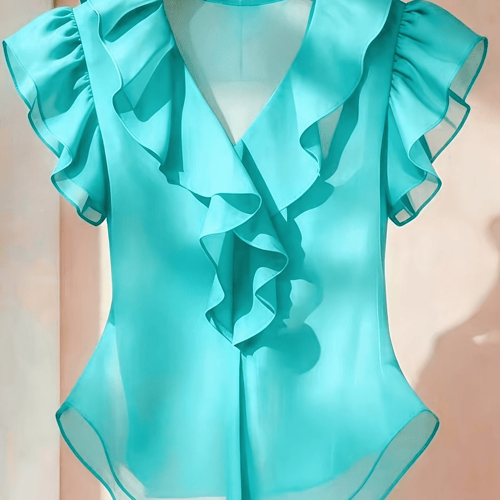 Vaenyra | Damesblouse in Franse stijl van chiffon – effen kleur met ruches en korte mouwen