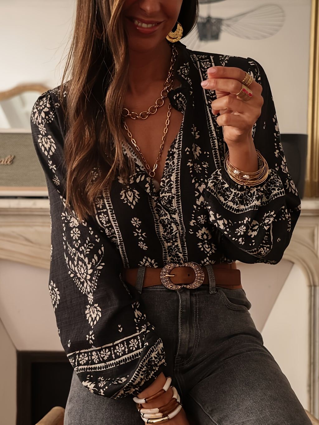 Halcyon | Locker geschnittene Bluse mit geometrischem Print und Laternenärmeln