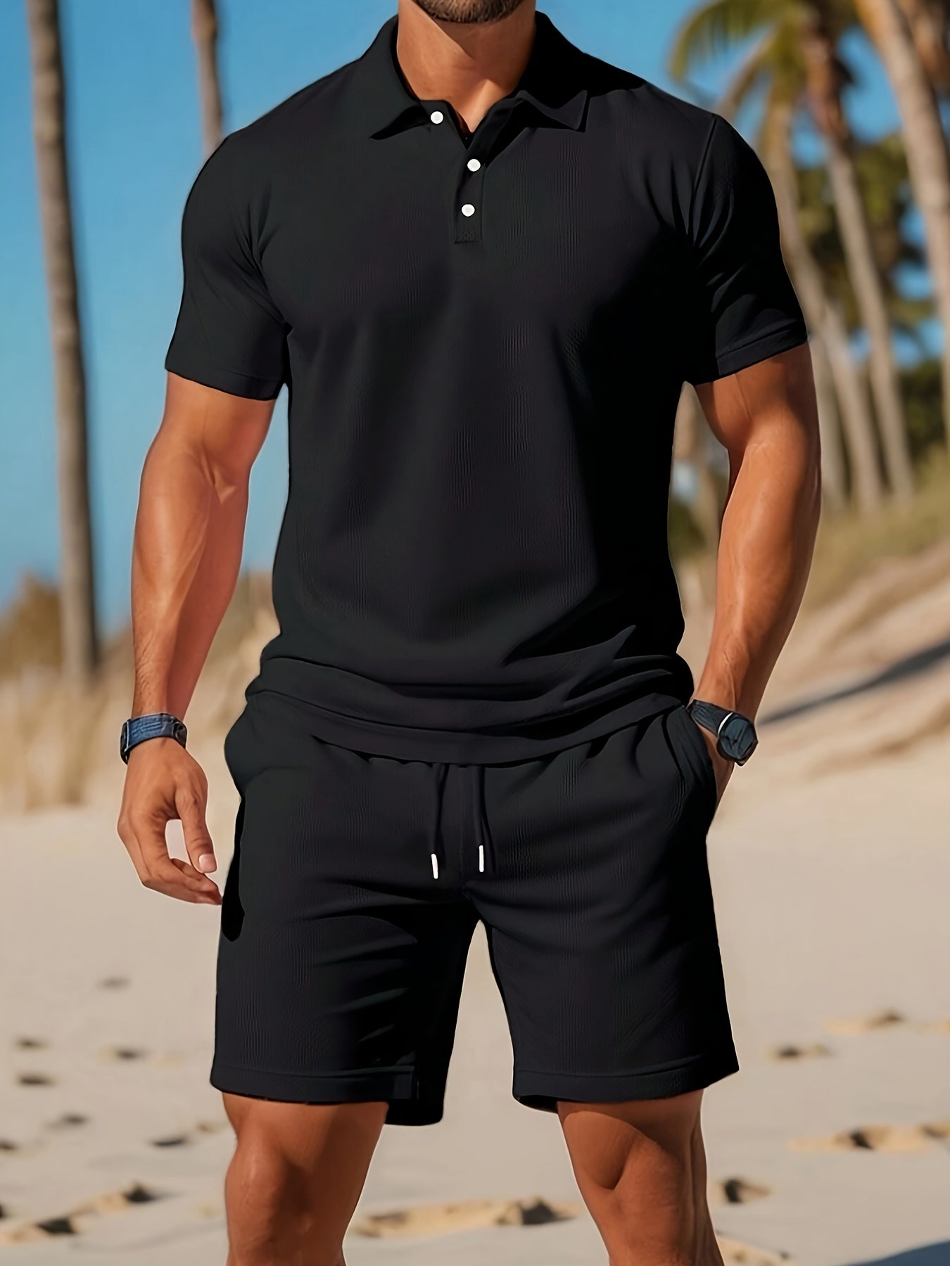 Thorsten | Ensemble polo et short à cordon pour homme, couleur unie - vêtements de sport décontractés