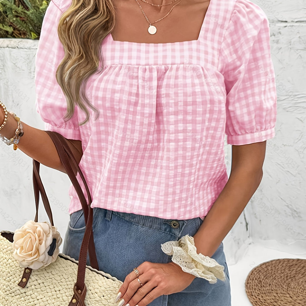 Orlyraen | Damesblouse met geruite print en vierkante hals – Casual blouse met korte mouwen