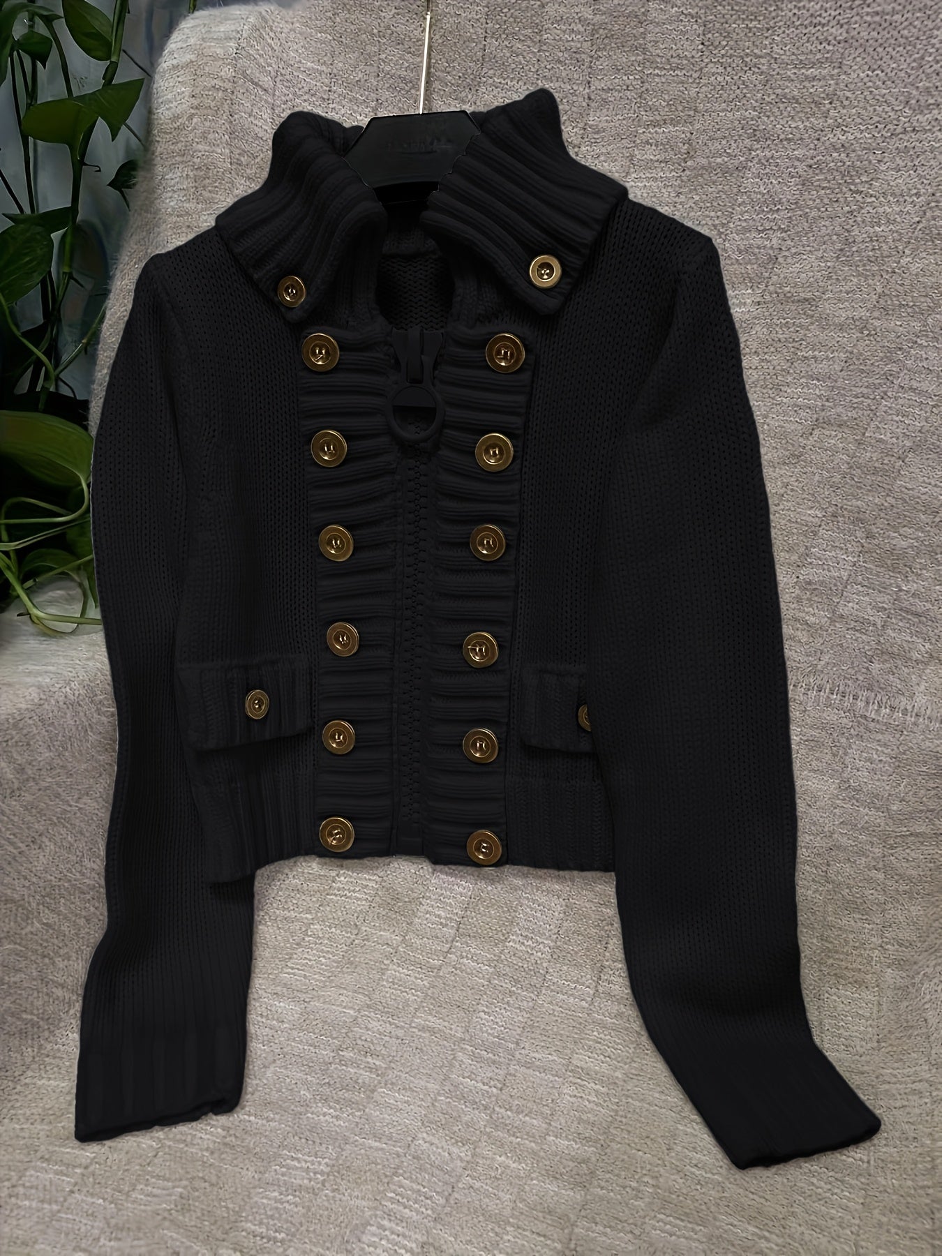 Althaea | Slim-Fit damesvest trui - meerdere knopen, grote rits, opstaande kraag, gebreide top met lange mouwen