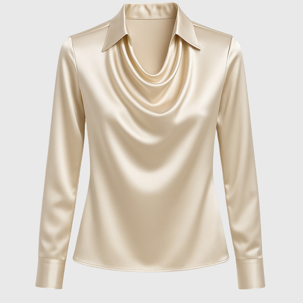 Amelthra | Elegante satijnen blouse met lange mouwen voor dames, gedrapeerd shirt met swingkraag