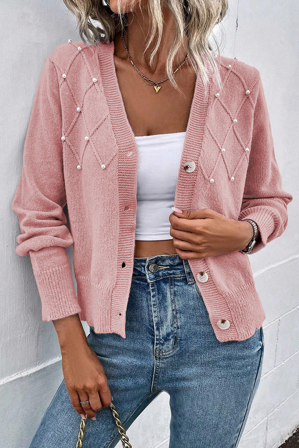 Crescenda | Elegante Kaschmir-Strickjacke mit Perle – Luxuriöse Damen-Strickjacke für Herbst/Winter