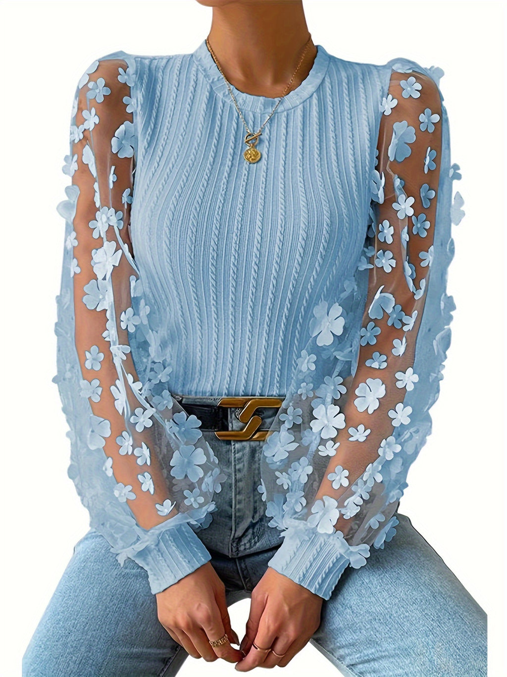 Hyselle | Dames Top met Textuur en Ronde Hals – Elegante Blouse met Mesh-Details
