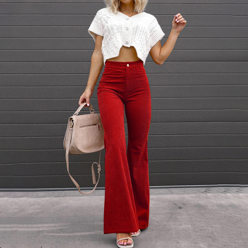 Elyzra | Dames high-waist corduroy flared broek – slim-fit, zacht en rekbaar, geschikt voor casual en werk