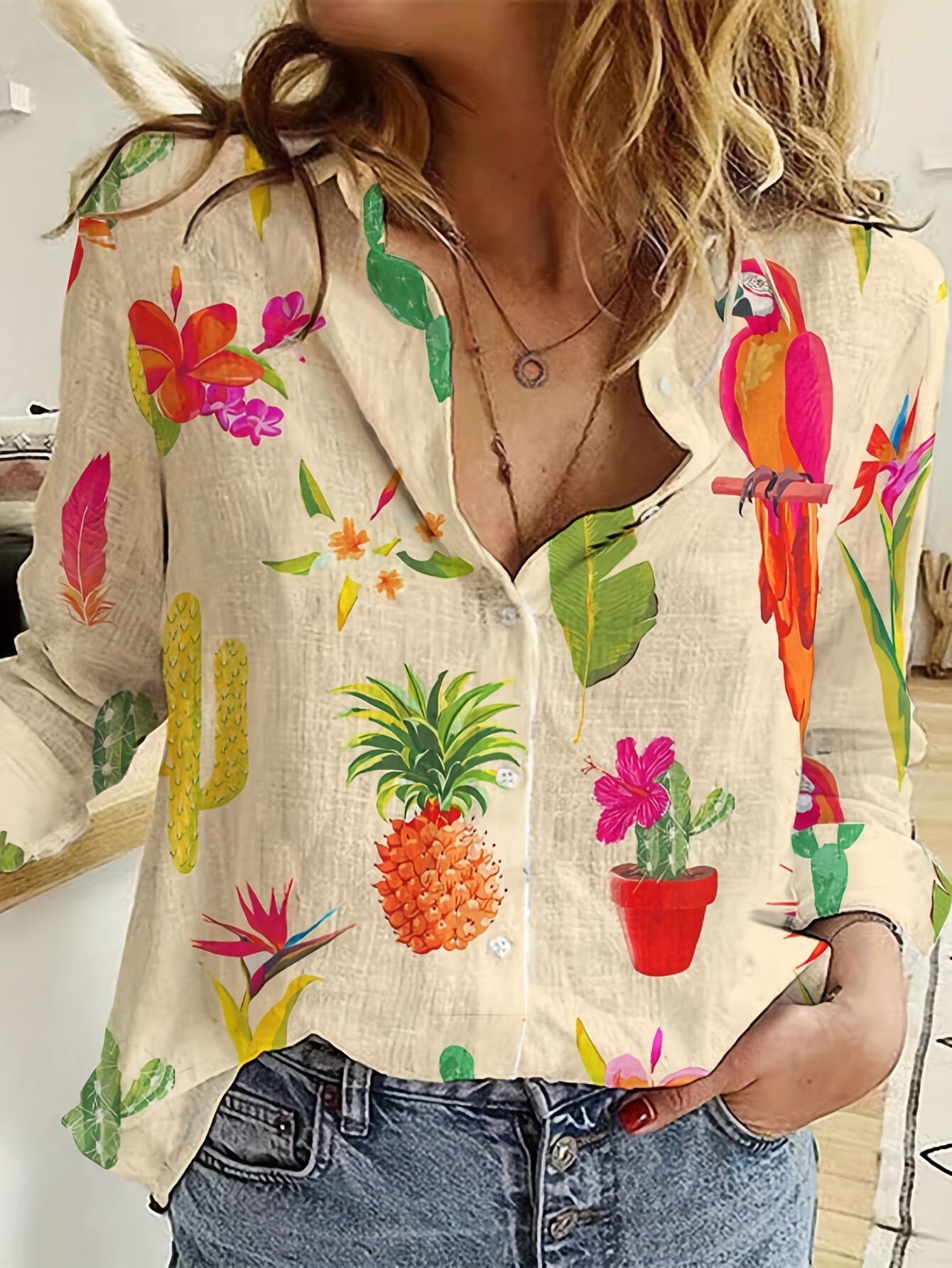 Elmyriaeth | Damesblouse met tropisch print – Elegante casual blouse met enkele knoopsluiting