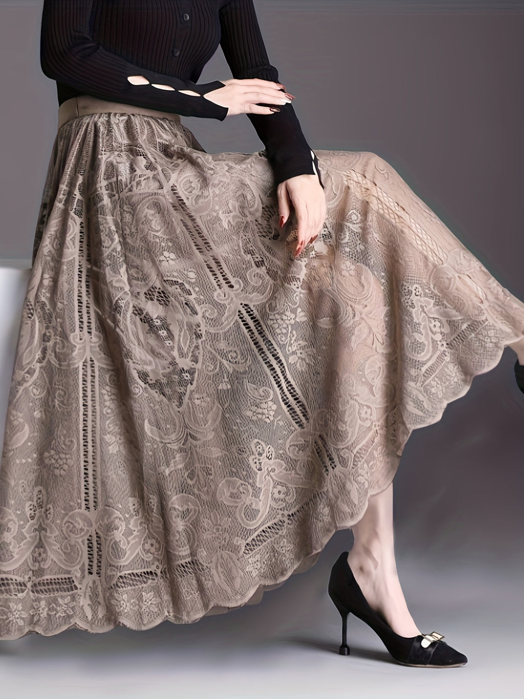 Gisla | Elegante A-lijn rok met kant - holle schulprand, casual midi-rok voor vrouwen